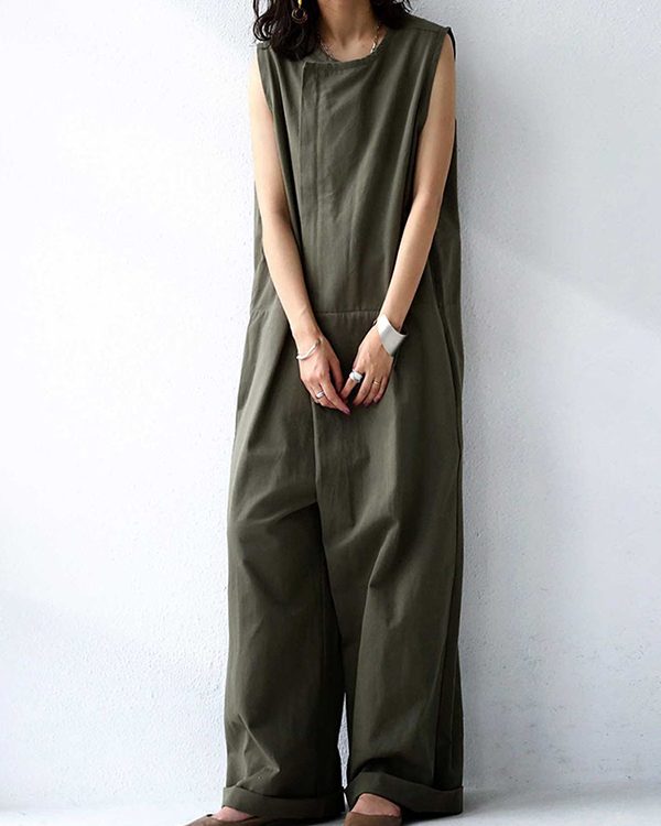 Casual Solid Color Round-Neck Sleeveless Wide Leg Jumpsuits