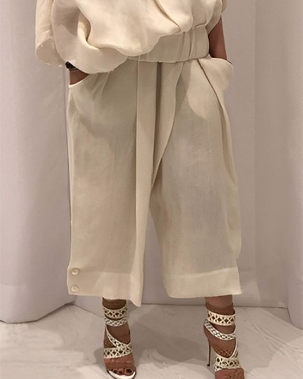 Loose Wide Leg Buttoned Solid Color Casual Pants Bottoms Trousers