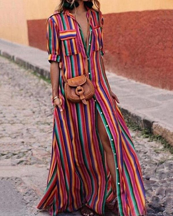 Long Sleeves Loose Split-Joint Striped Lapel Maxi Dresses Shirt Dress