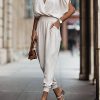 Batwing Sleeves Loose Elasticity Hollow Pleated Pockets Solid Color Tied V-Neck Jumpsuits
