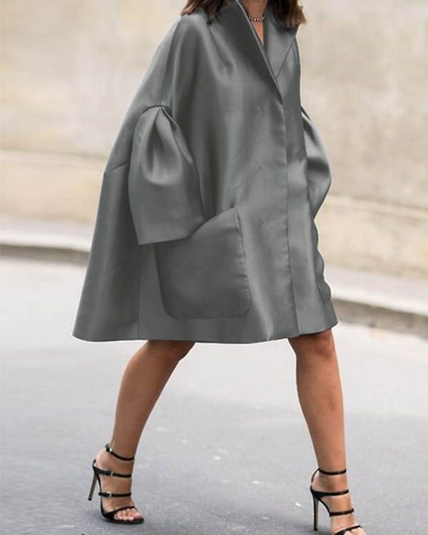 Flared Sleeves Long Sleeves Pockets Solid Color Notched Collar Mini Dresses Shirt Dress