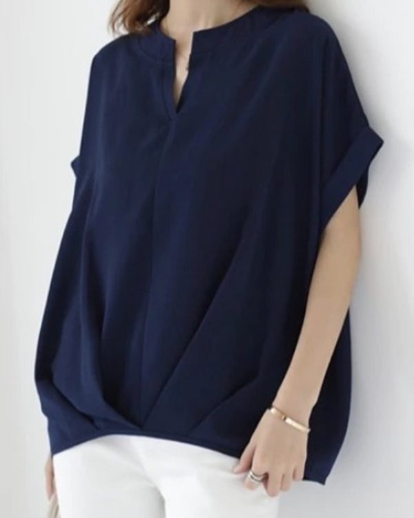 Loose Plus Size Pleated Solid Color V-Neck T-Shirts Tops