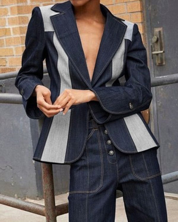 Long Sleeves Loose Contrast Color Split-Joint Deep V-Neck Jackets Outerwear