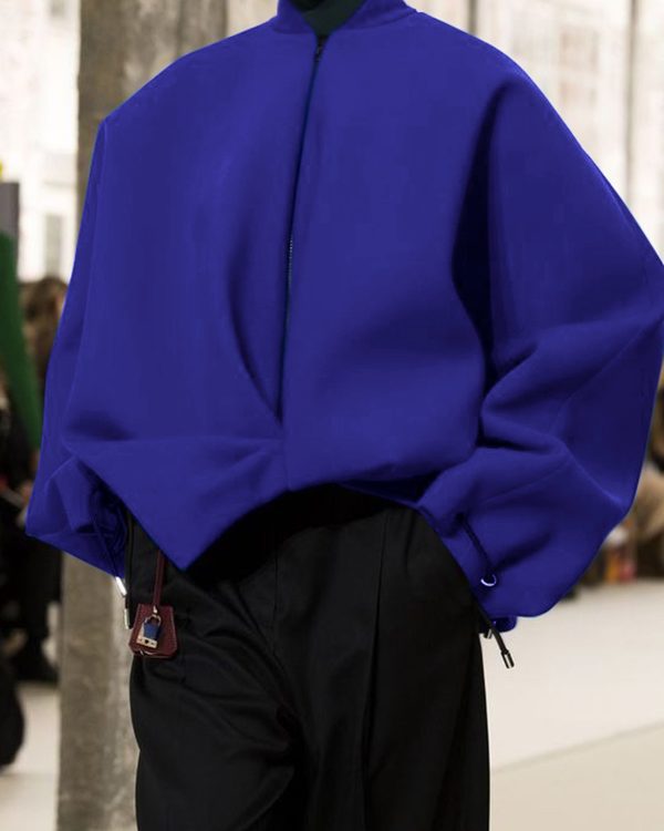 Loose Puff Sleeves Asymmetric Split-Joint Zipper Stand Collar Outerwear