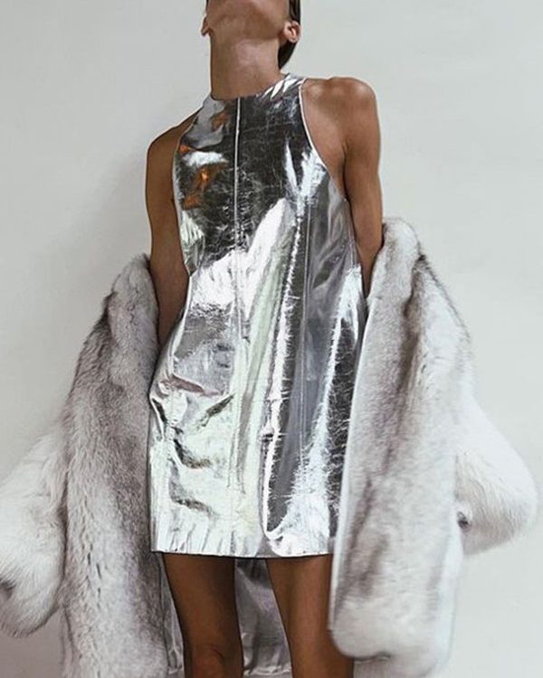 A-line Loose Shiny Solid Color Zipper Round-neck Mini Dresses