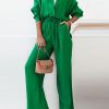 Solid Color High-Low Long Sleeves Lapel Blouses + Drawstring Pants Two Pieces Set
