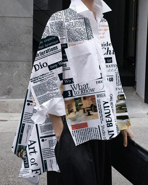 High-Low Long Sleeves Letter Print Pockets Split-Side Lapel Blouses