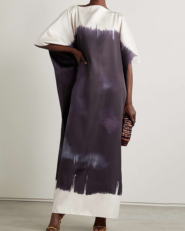 Batwing Sleeves Loose Contrast Color Printed Split-Joint Round-Neck Maxi Dresses