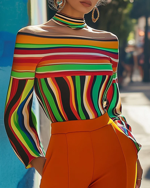Long Sleeves Loose Contrast Color Striped Halter-Neck T-Shirts Tops