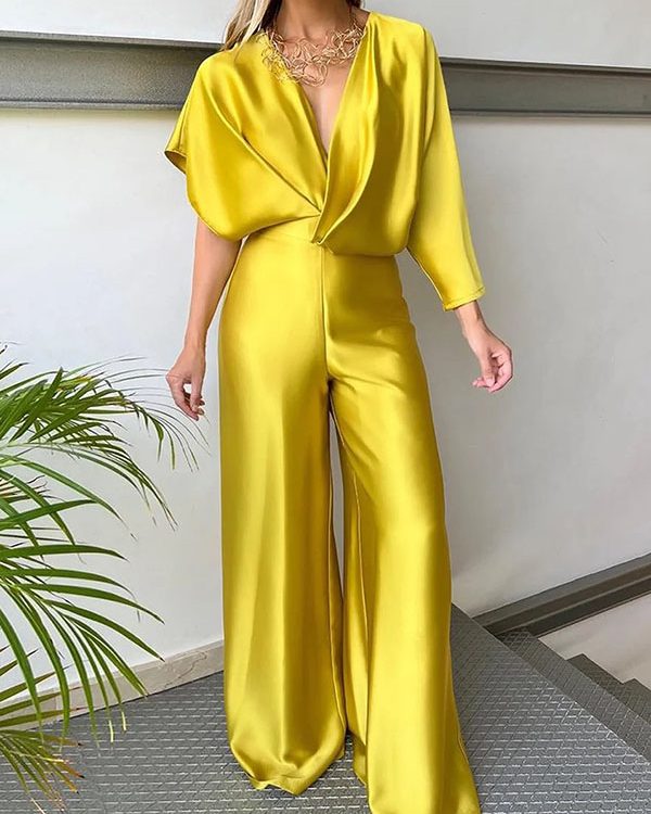 Asymmetric Solid Color Deep V-Neck Jumpsuits