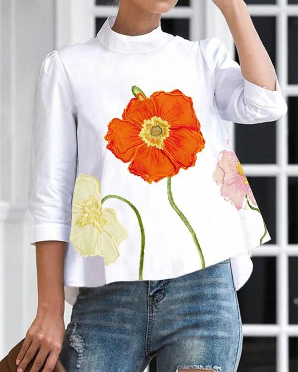 High-low Loose Flower Print Split-Joint Stand Collar T-Shirts Tops