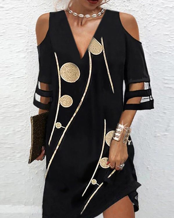 Half Sleeves Loose Hollow Mesh Polka-Dot Printed Split-Joint Cold Shoulder Mini Dresses