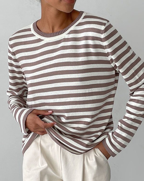 Long Sleeves Loose Split-Joint Striped Round-Neck Sweater Tops