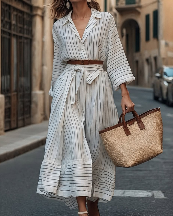 Long Sleeves Loose Belted Buttoned Striped Notched Collar Midi Dresses Shirt Dress
