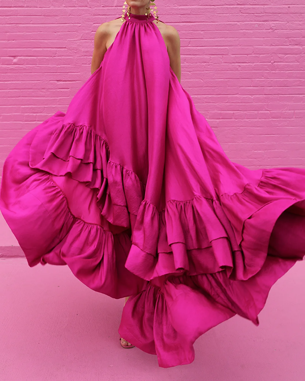 Loose Sleeveless Falbala Solid Color Stand Collar Maxi Dresses