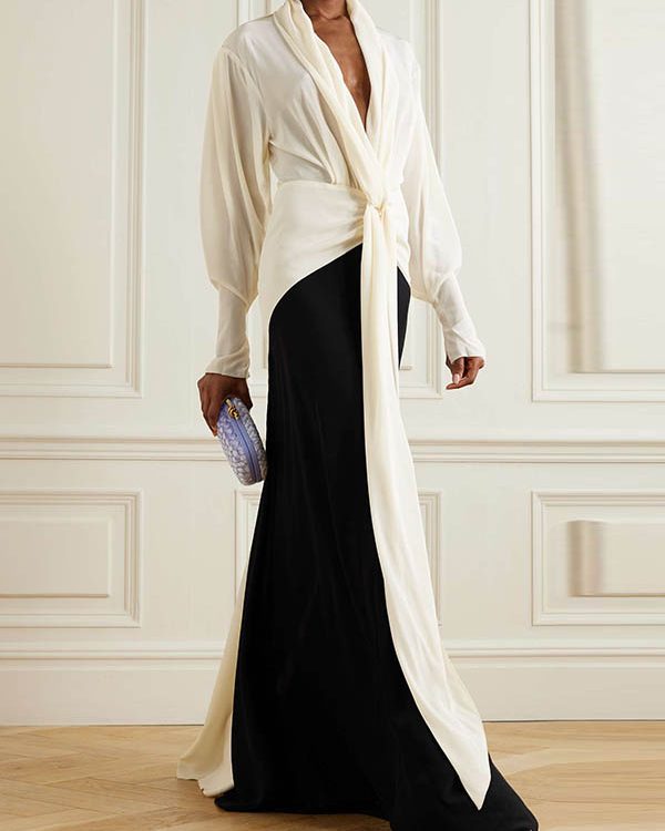 Long Sleeves Loose Contrast Color V-Neck Evening Dresses Maxi Dresses