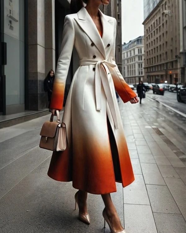 A-Line Long Sleeves Buttoned Gradient Split-Joint Tied Waist Notched Collar Woolen Coat