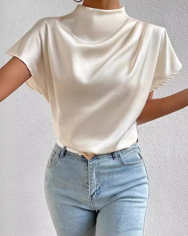 Loose Short Sleeves Pleated Solid Color Mock Neck T-Shirts Tops
