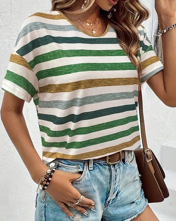 Loose Short Sleeves Striped Round-Neck T-Shirts Tops