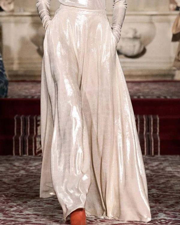 High Waisted Loose Pockets Shiny Solid Color Pants Trousers