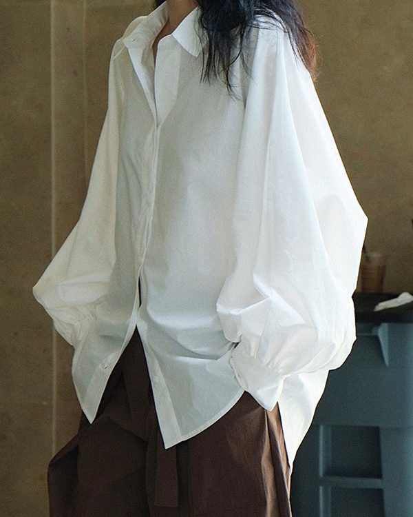 Casual Loose Puff Sleeves Solid Color Lapel Blouses