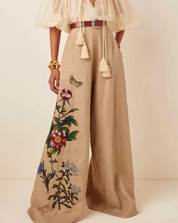 High Waisted Loose Belted Flower Print Pockets Pants Trousers