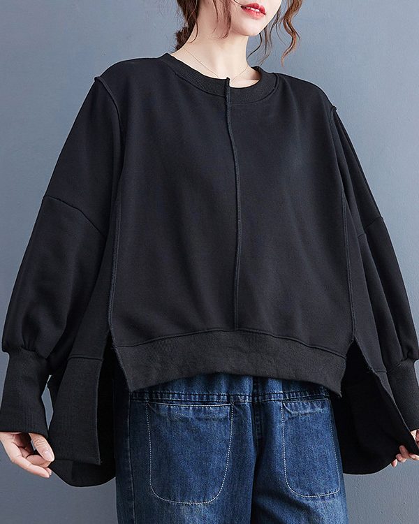 Simple Long Sleeves Loose Solid Color Round-Neck Hoodies&Sweatshirt Tops