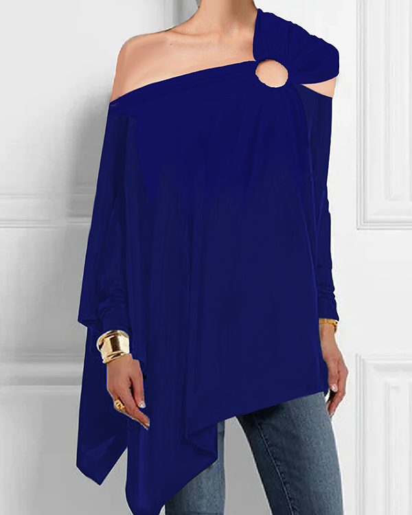 Long Sleeves Loose Asymmetric Hollow Solid Color Asymmetric Collar T-Shirts Tops