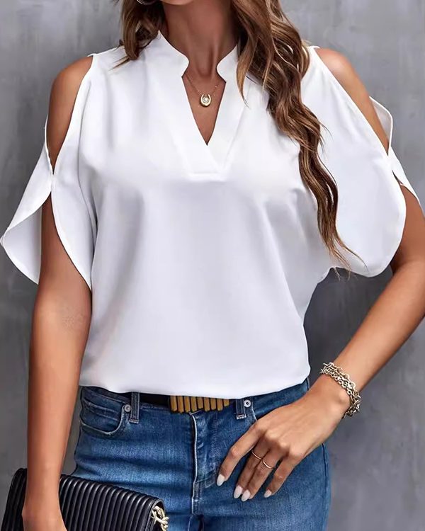 Half Sleeves Loose Hollow Solid Color Cold shoulder T-Shirts Tops