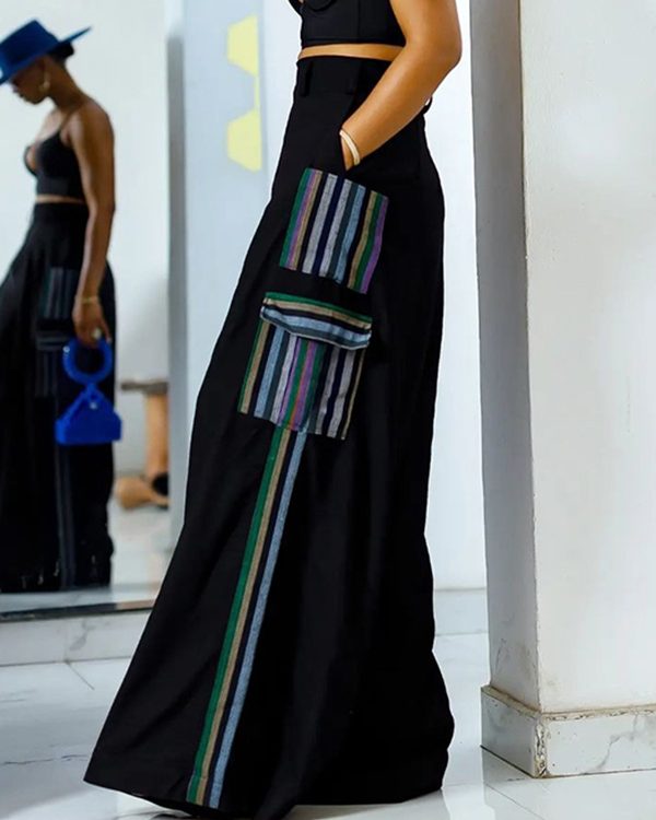 High Waisted Loose Pockets Split-Joint Striped Pants Trousers