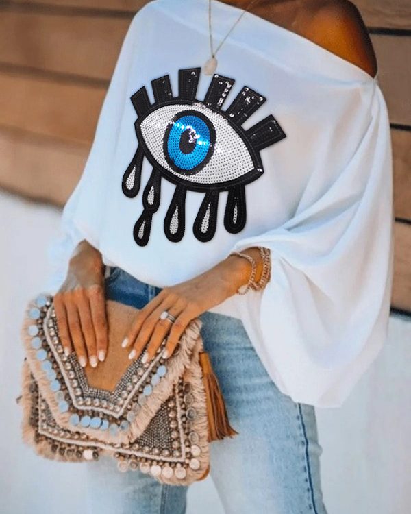 Loose Puff Sleeves Contrast Color Eye Shape Printed One-Shoulder T-Shirts