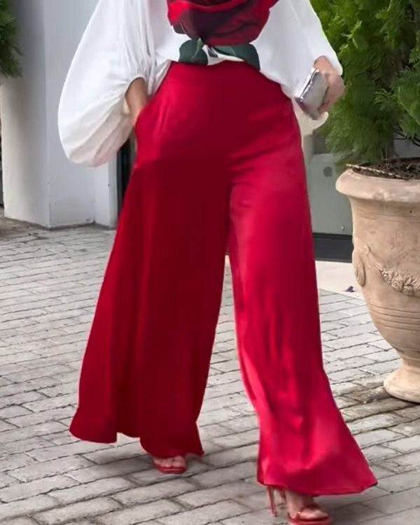 High Waisted Loose Pockets Solid Color Pants Trousers