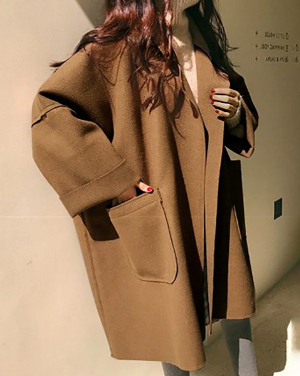 Long Sleeves Loose Buttoned Pockets Solid Color Split-Joint Notched Collar Woolen Coat