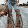 Flared Pants Floral Printed High-Waisted Pockets Jean Pants Bottoms