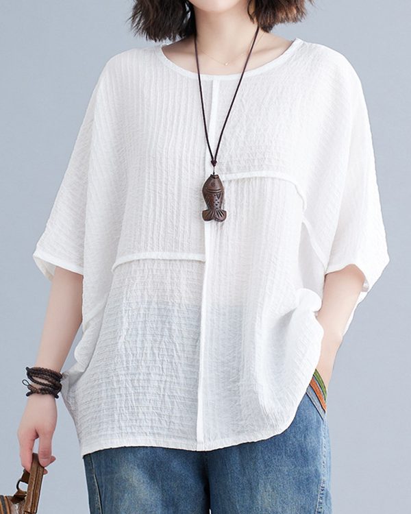 Batwing Sleeves Loose Solid Color Split-Joint Round-Neck T-Shirts Tops