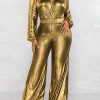 Bodycon High Waisted Elasticity Shiny Solid Color V-Neck Jumpsuits