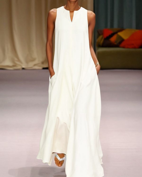 Loose Sleeveless Solid Color Split-Joint Round-Neck Maxi Dresses