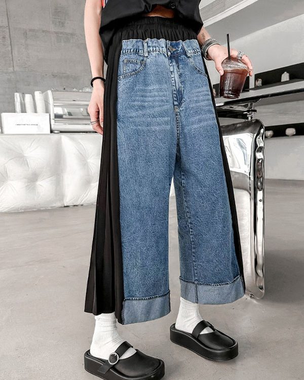 Loose Ninth Pants Contrast Color Pleated Split-Joint Wide Leg Jean Pants Bottoms