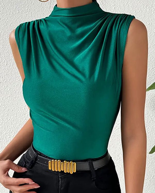Skinny Sleeveless Pleated Solid Color Split-Joint High Neck Vest Top