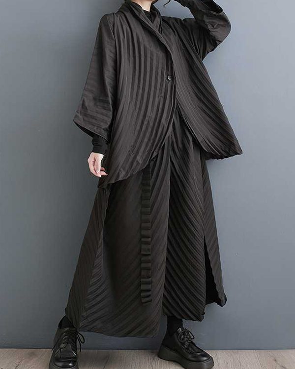 Long Sleeves Loose Buttoned Pleated Solid Color Stand Collar Shirts Top + Pants Bottom Two Pieces Set