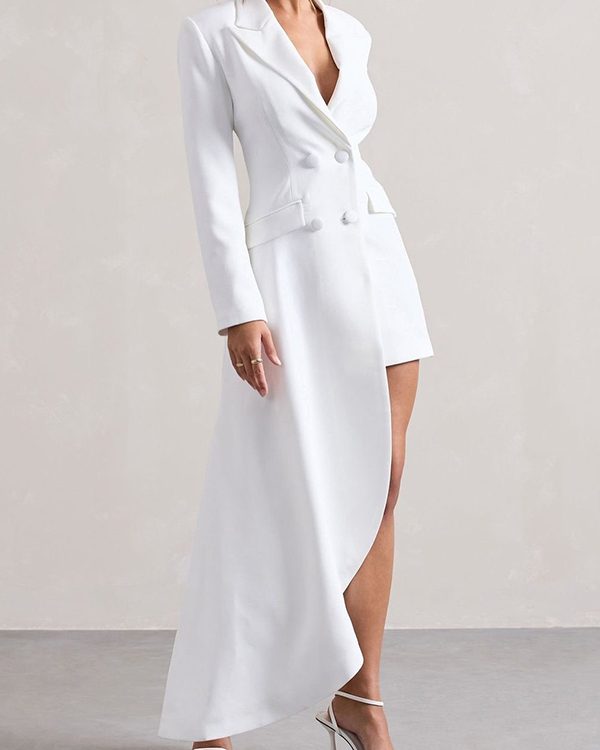 Long Sleeves Asymmetric Buttoned Pockets Solid Color Notched Collar Blazer Maxi Dress