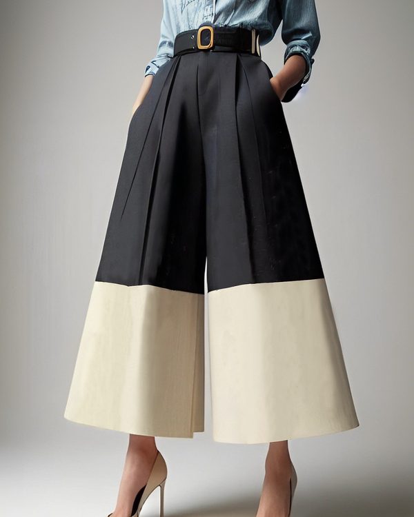 High Waisted Loose Contrast Color No Belt Pleated Pockets Pants Trousers