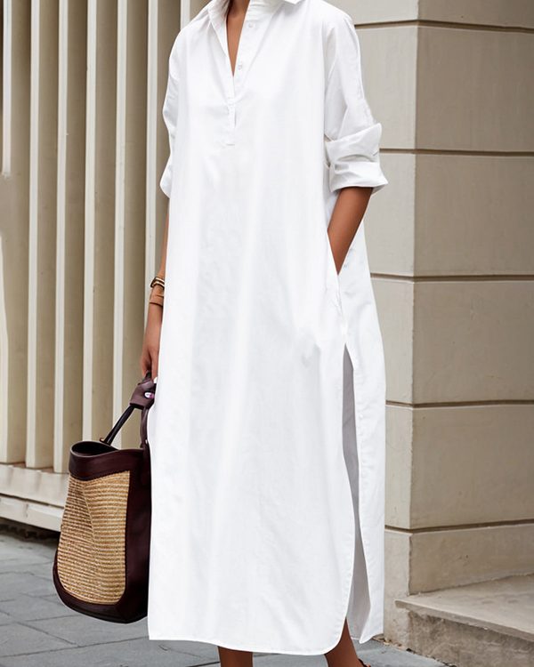A-Line Long Sleeves Buttoned Pockets Solid Color Split-Side Lapel Midi Shirt Dresses