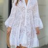 A-Line Flared Sleeves Buttoned Hollow Solid Color Split-Joint V-Neck Mini Dresses