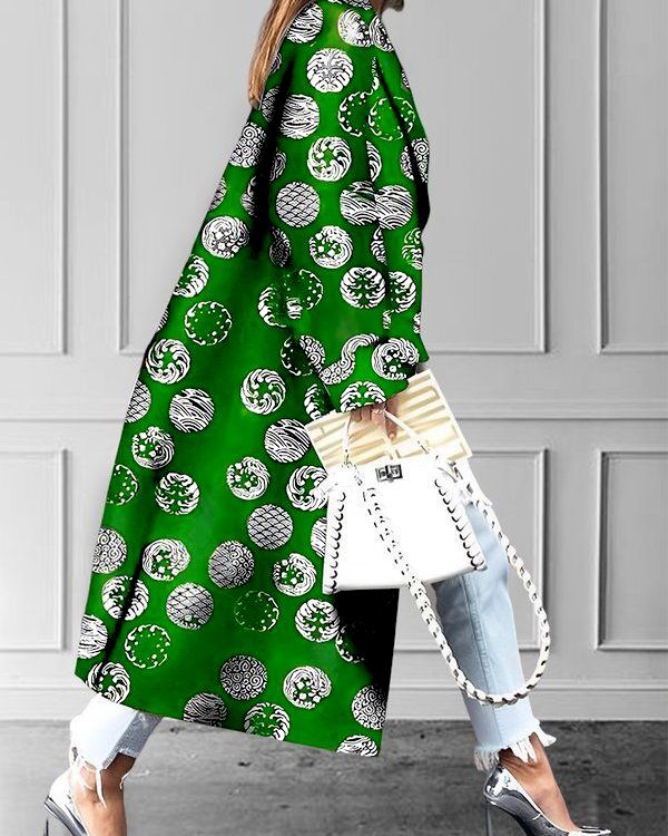 Long Sleeves Loose Pockets Printed Split-Joint Notched Collar Outerwear