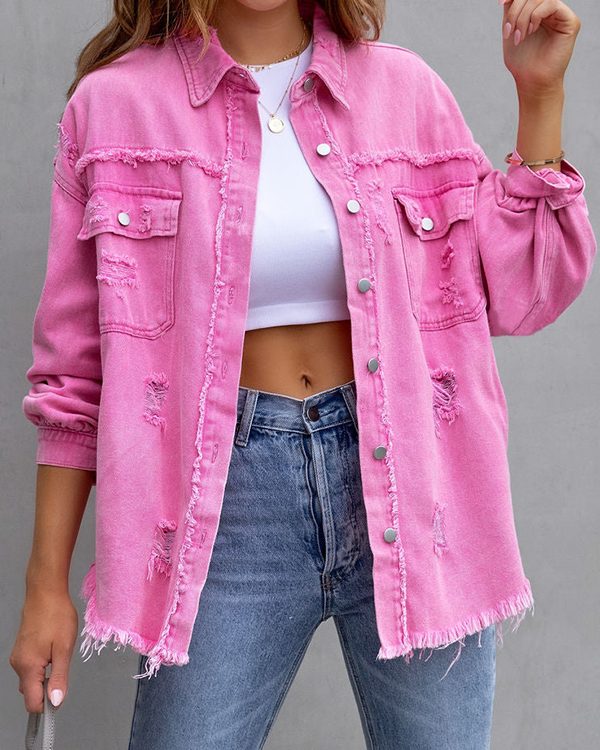 Long Sleeves Loose Fringed Pockets Lapel Outerwear