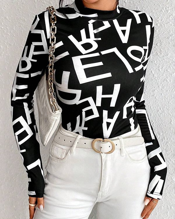 Long Sleeves Skinny Letter Print Split-Joint Mock Neck T-Shirts Tops