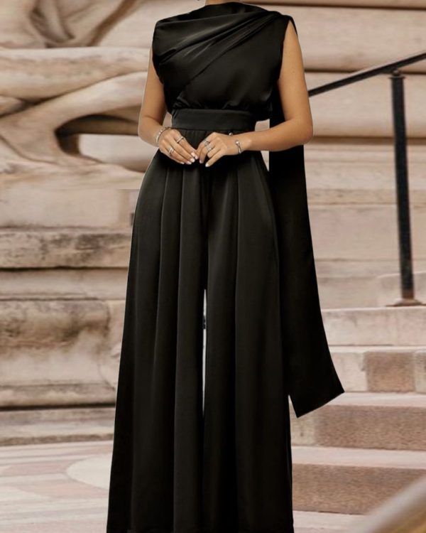 Loose Sleeveless Solid Color Shawl Collar Jumpsuits