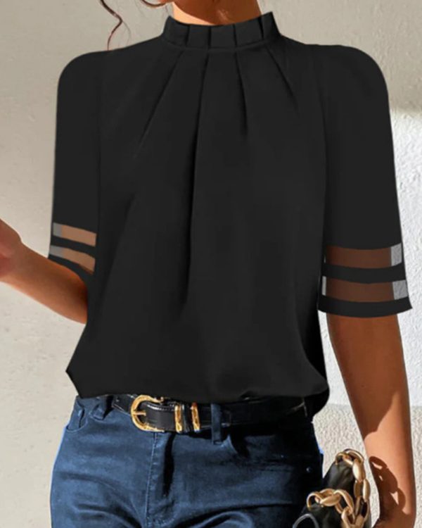 Loose Short Sleeves Pleated See-Through Split-Joint Stand Collar T-shirts