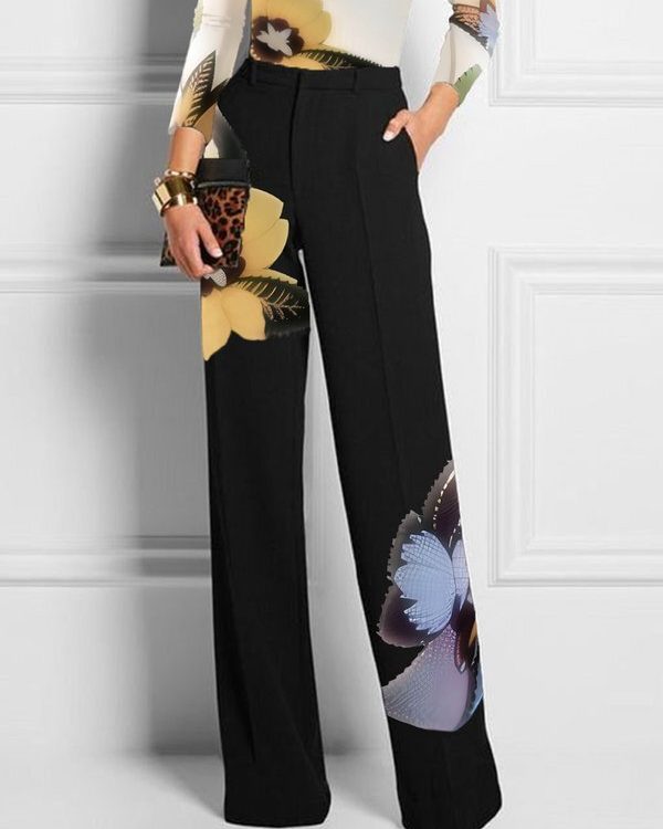 High Waisted Loose Flower Print Pockets Pants Trousers